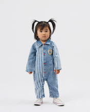Load image into Gallery viewer, Goldie + Ace / Romper / Buddy Badge Denim Stripe