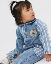 Load image into Gallery viewer, Goldie + Ace / Romper / Buddy Badge Denim Stripe