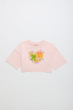 Load image into Gallery viewer, Pink crop top with a colorful graphic design on a white background