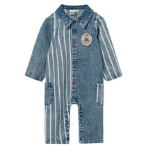 Load image into Gallery viewer, Goldie + Ace / Romper / Buddy Badge Denim Stripe