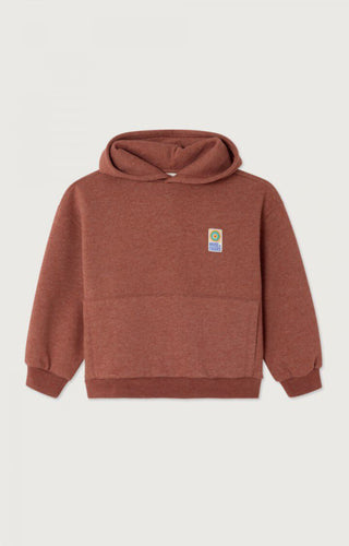 Brown hoodie with a small logo on the chest against a white background